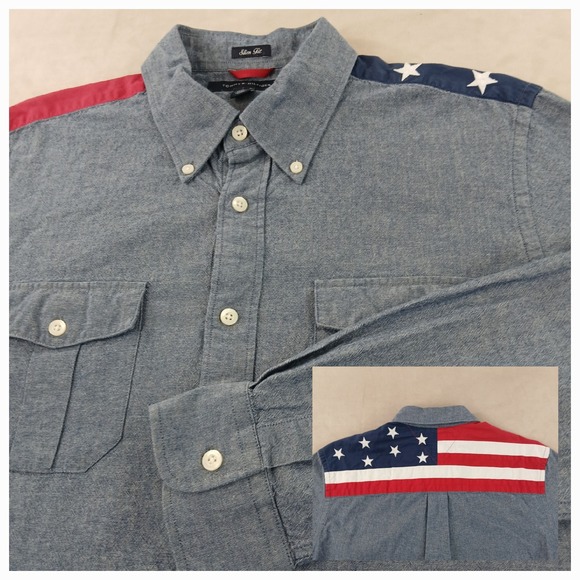 Tommy Hilfiger Medium Mens Shirt America‎ Patriotic 21x27 Chambray - Picture 1 of 15